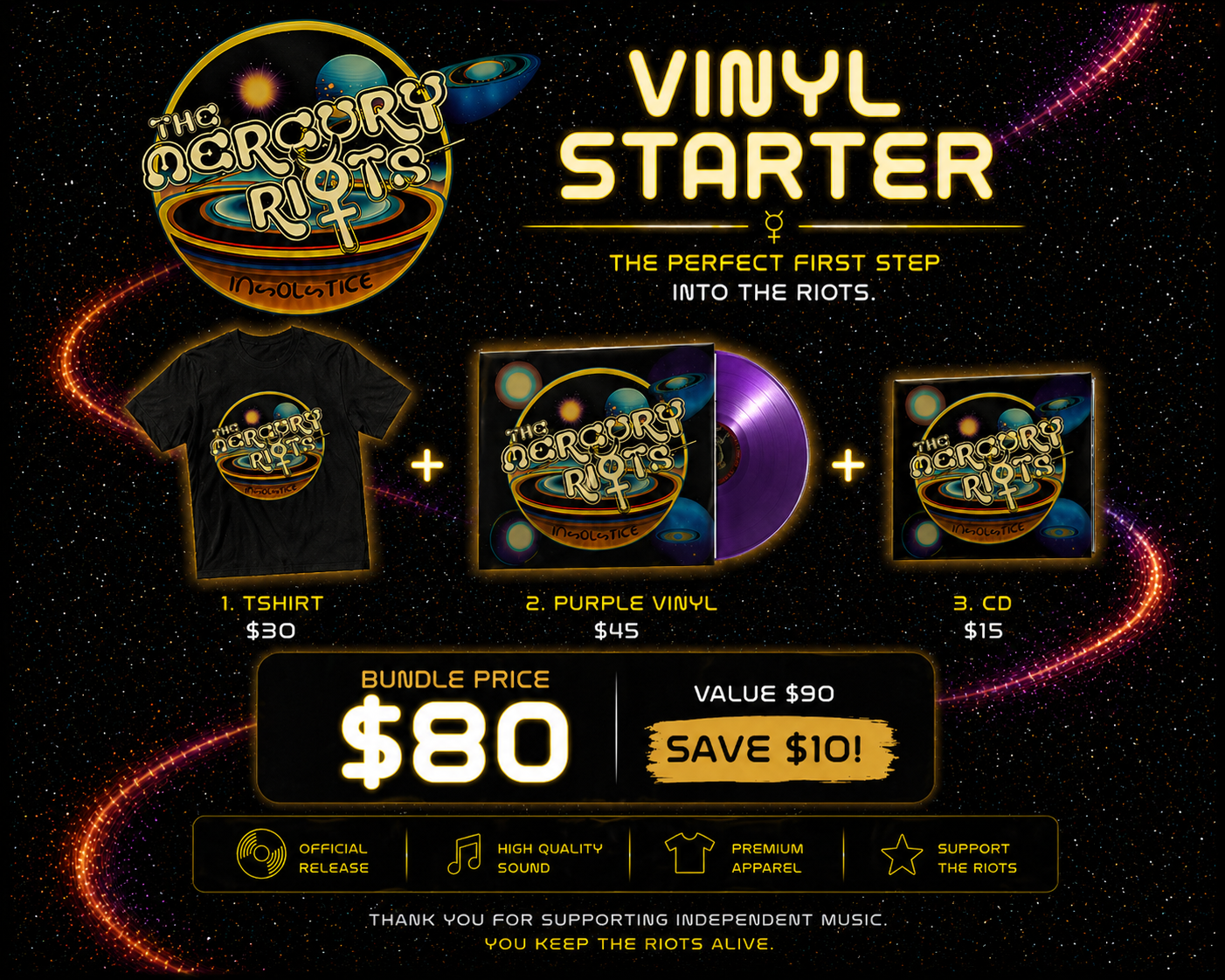 The Mercury Riots – Vinyl Starter Bundle (Purple Vinyl + T-Shirt + CD)