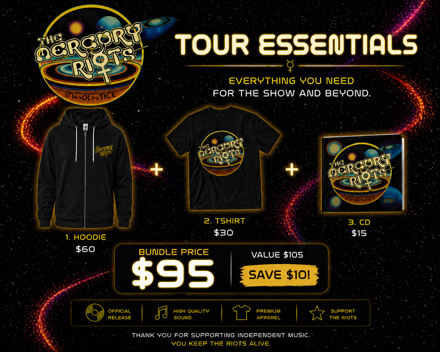 The Mercury Riots – Tour Essentials Bundle (Hoodie + T-Shirt + CD) ⭐ Best Seller