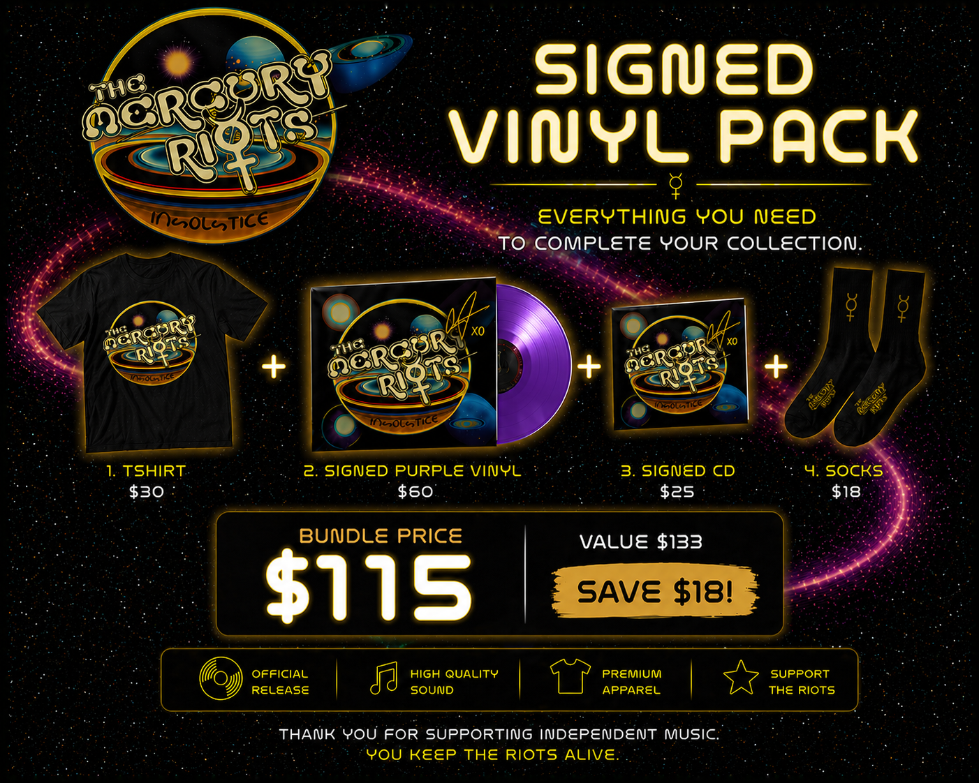 The Mercury Riots – Signed Vinyl Pack (Signed 1st Edition Vinyl + Signed CD + T-Shirt + Socks)