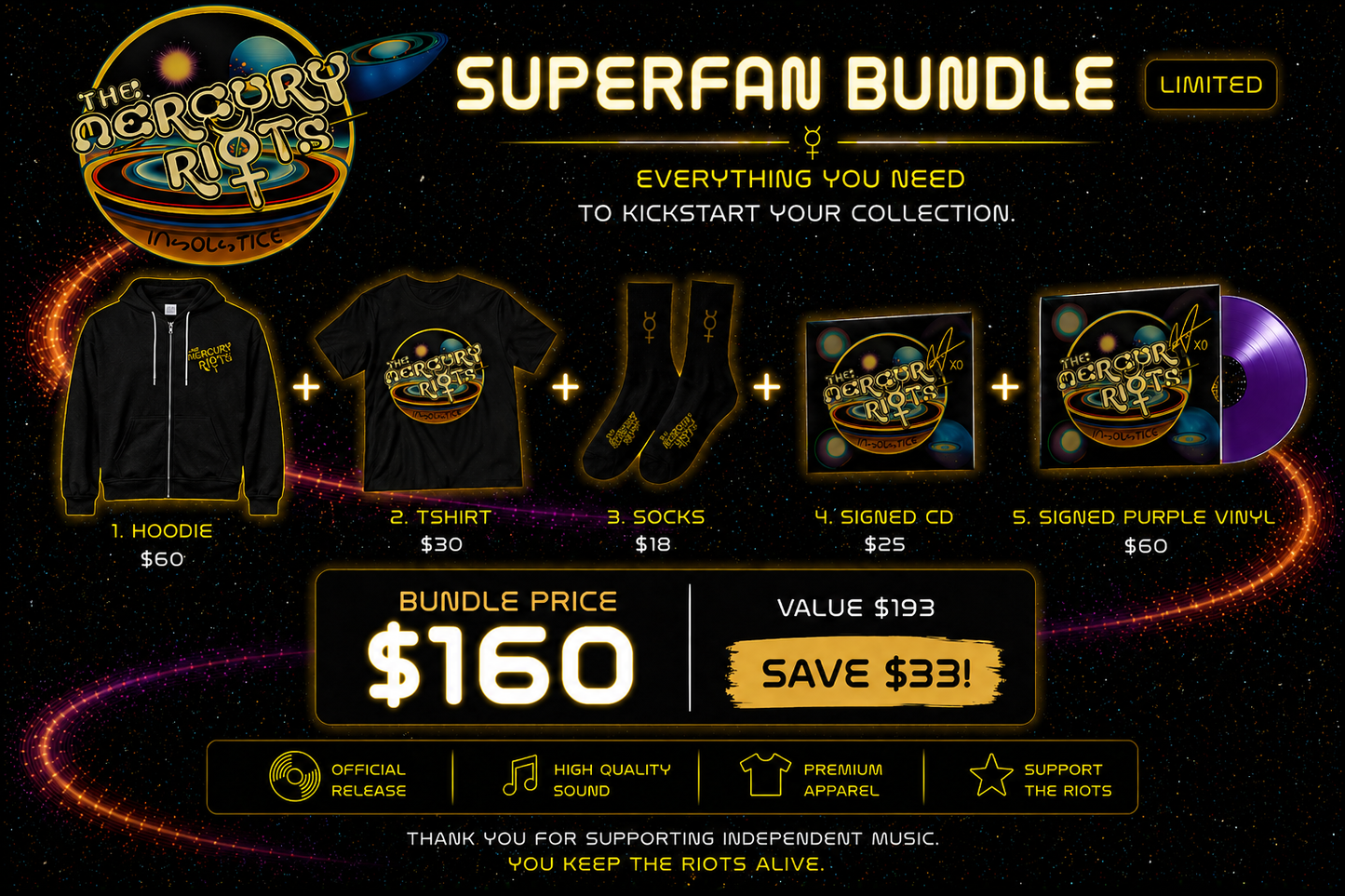 The Mercury Riots – Superfan Bundle (Signed Vinyl + Hoodie + T-Shirt + Socks + Signed CD) LIMITED